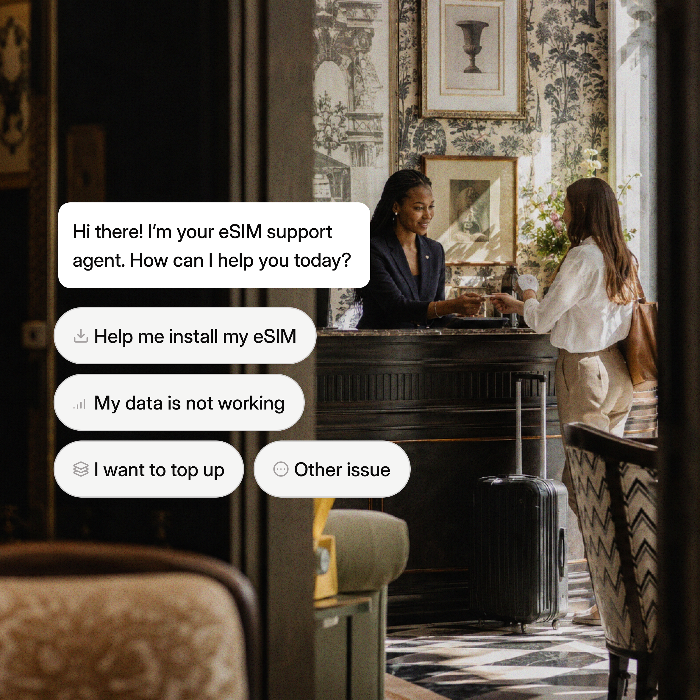 AI eSIM support chat with quick-reply prompts over a hotel concierge scene.